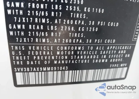 2021 Volkswagen Tiguan 2.0T Se/2.0T Se R-Line Black/2.0T Sel из США, поврежденный, VIN 3VV3B7AX9MM091043